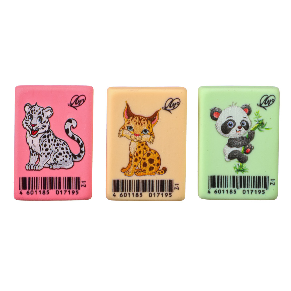 ЛУЧ Ластик "ZOO", пастельные цвета, 3,5х2,5х0,8см, 3 дизайна, ТПР, инд. штрихкод, арт.№ 607-024