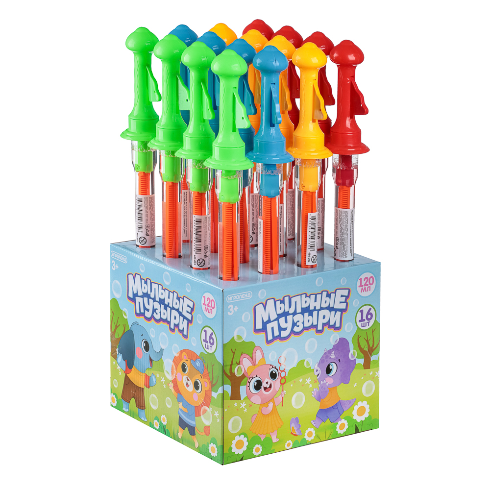 ИГРОЛЕНД Мыльные пузыри гигантские с кнопкой, 120мл,ABS,PVC, мыльный р-р, 6х45х6см, 4 цвета, арт.№ 460-003
