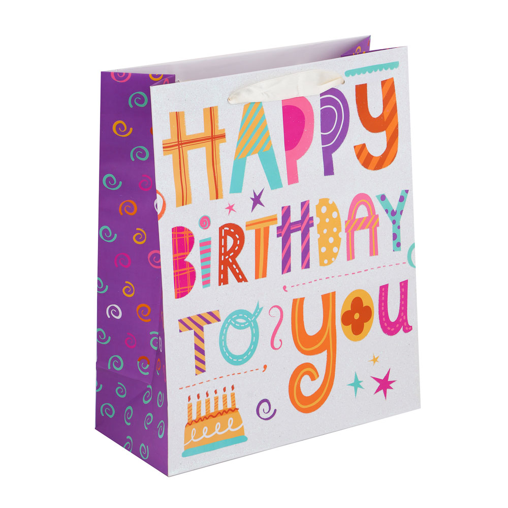 Пакет подарочный тм LADECOR, вскч бум., с фольг.слоем, L 26x32x12см, 4 диз., С Днем Рождения, арт.№ 507-220