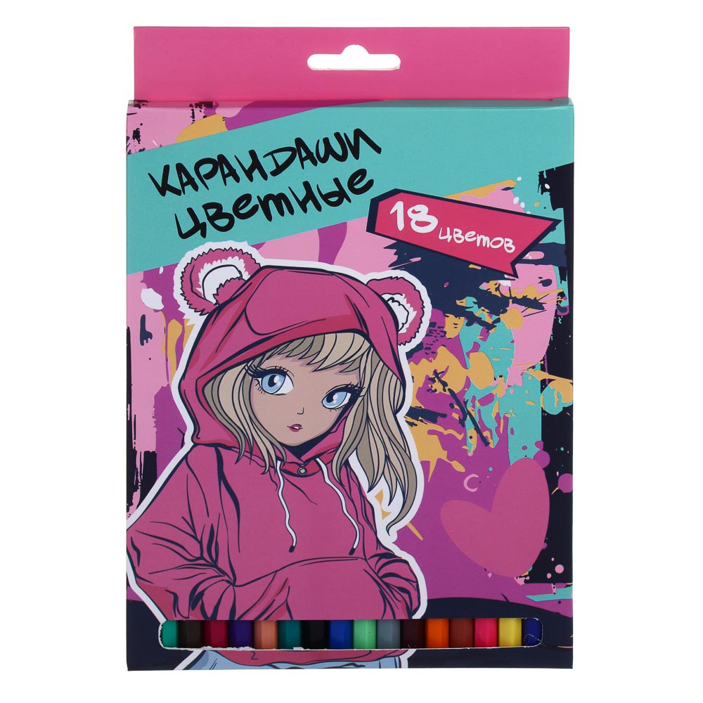 Карандаши пластиковые шестигранные, 18 цв., "Аниме/Смайл", заточенные, цветная коробка, арт.№ 524-269