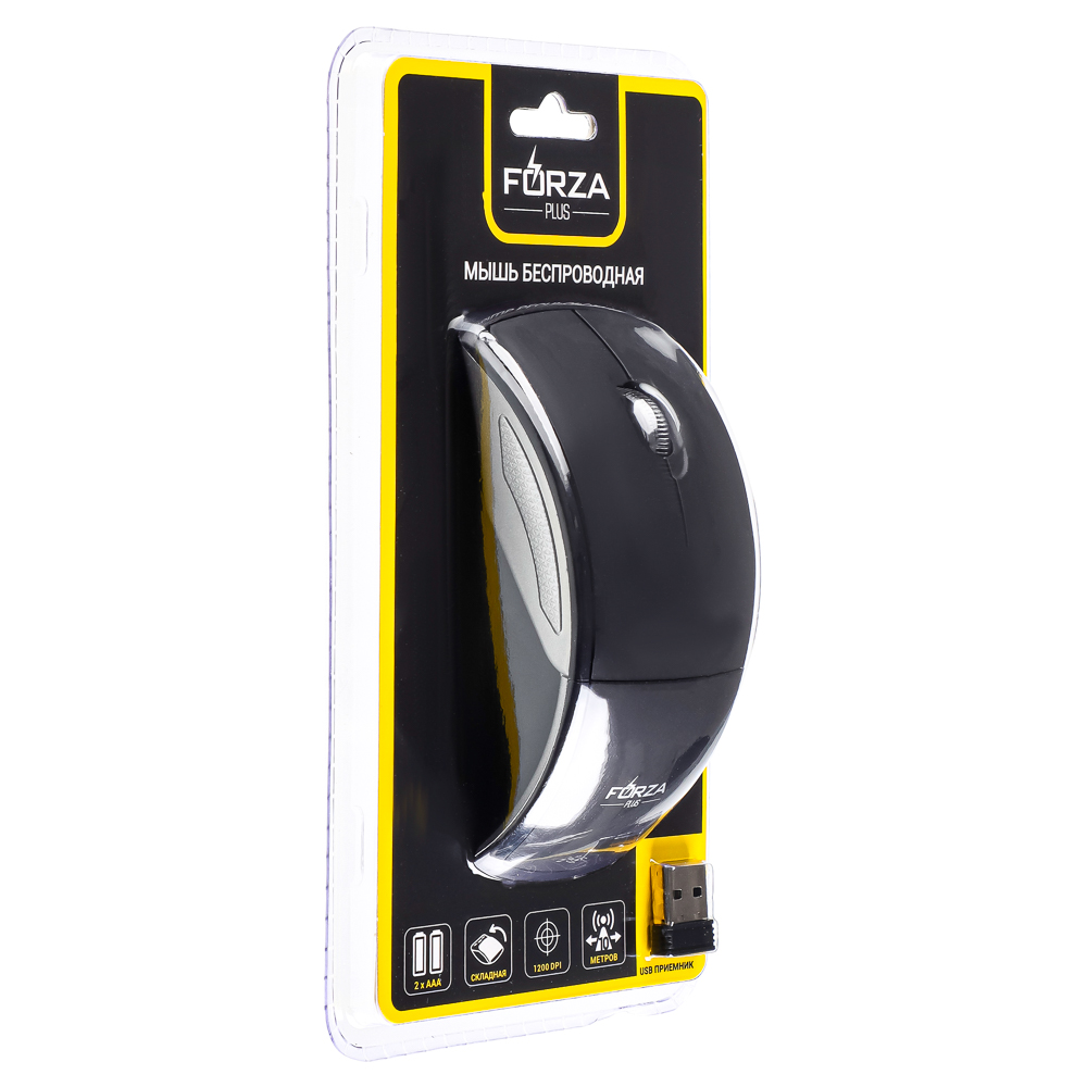 Компьютерная мышь беспроводная FORZA, 800/1200/1600DPI, 2.4GHz, 2xАAA, складная, черн/серебр., арт.№ 405-018