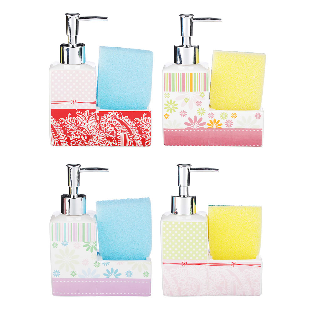 VETTA Диспенсер для моющего средства с губкой, керамика, 16х13х6см, 250 мл, 4 дизайна, D3, арт.№ 441-735