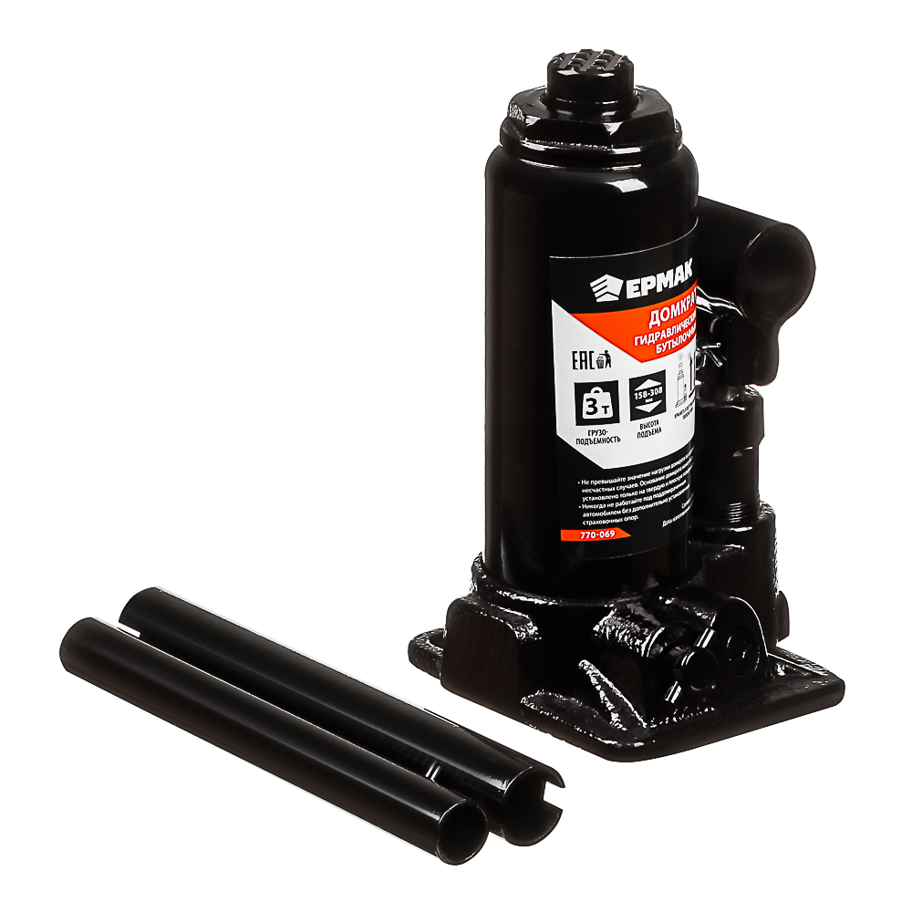 ЕРМАК Домкрат гидравлический бутылочный 2 т, в кейсе высота подъема 158-308мм, арт.№ 770-069