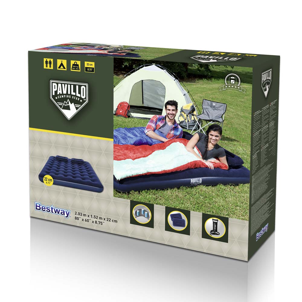 BESTWAY Матрас надувной широкий двуспальный (QUEEN), 2подушки и насос, 203x152x22см, до 300кг, 67374, арт.№ 332-001