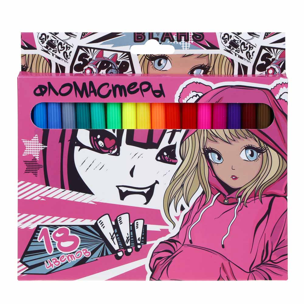 Фломастеры 18 цветов, "Аниме/Смайл", смываемые, цветной вентил. колпачок, цветная коробка, арт.№ 524-273