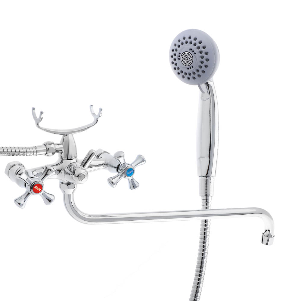 RAIN Смеситель для ванны Нефрит, круглый излив 40см, керам. кран-буксы 1/2, душ. набор, латунь, хром, арт.№ 561-260