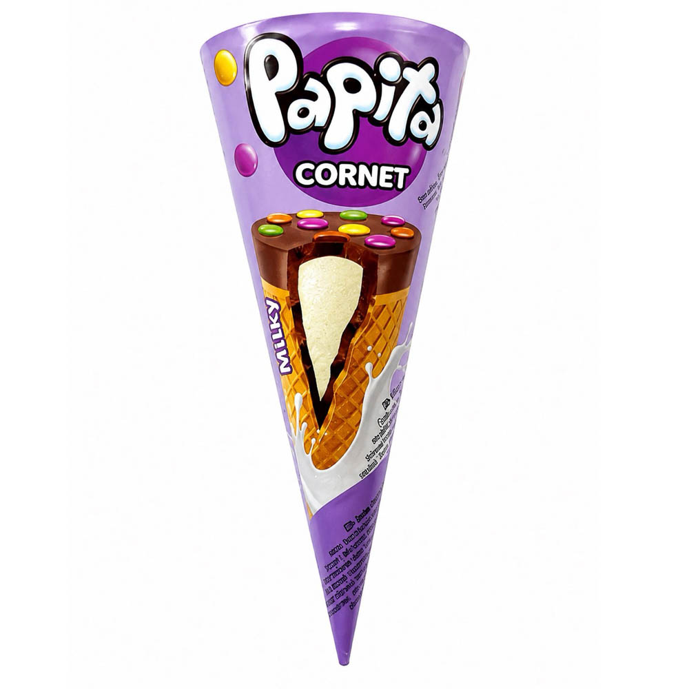 Вафельный рожок "PAPITA Cornet" с молочно-ореховой/клубнично-ореховой начинкой и цветным драже 25гр, арт.№ 209-067
