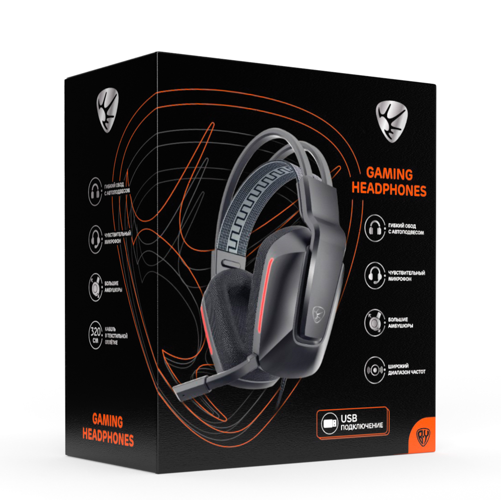 Наушники проводные с микрофоном игровые BY Morion USB 3,2 м, автоподвес, красная подсветка, арт.№ 410-089