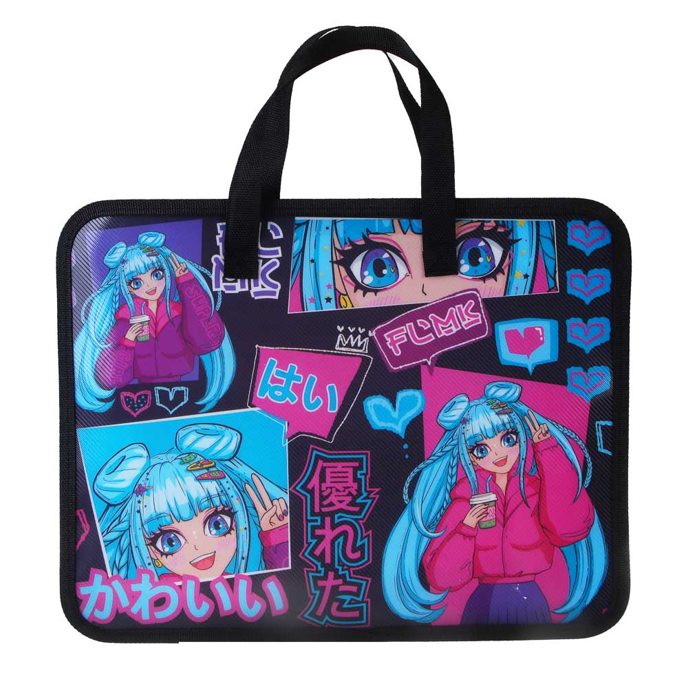 Аниме Папка для тетрадей 33,5x26см, для A4, расширение, молния сверху, ручки, пластик, арт.№ 236-006