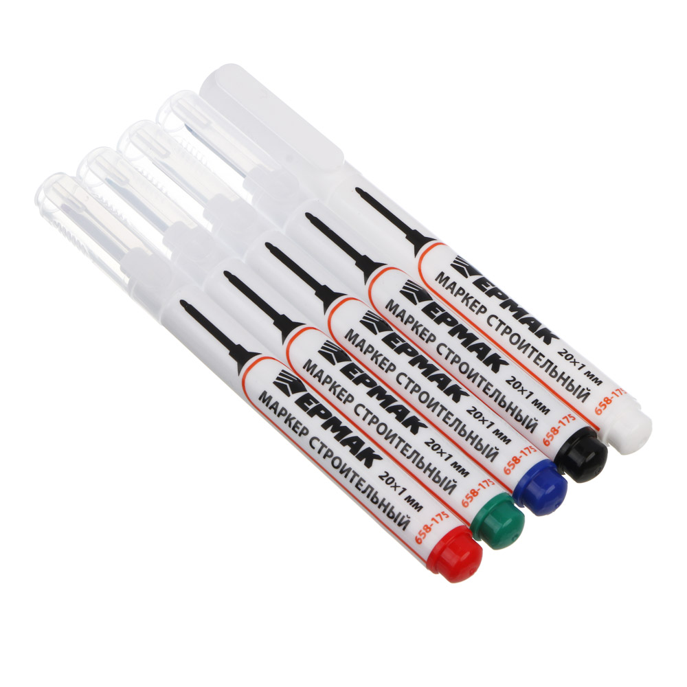 Набор строительных маркеров ЕРМАК (черный, зеленый, синий, белый, красный), стержень 20мм, d1мм, арт.№ 658-175