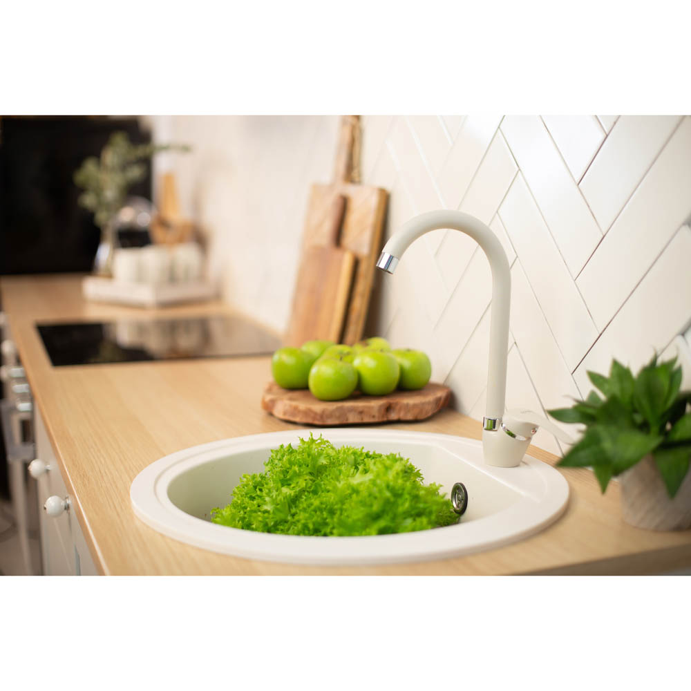 RAIN Смеситель для кухни Веста, высокий излив, картридж 35мм, латунь, под гранит, белый, арт.№ 561-282