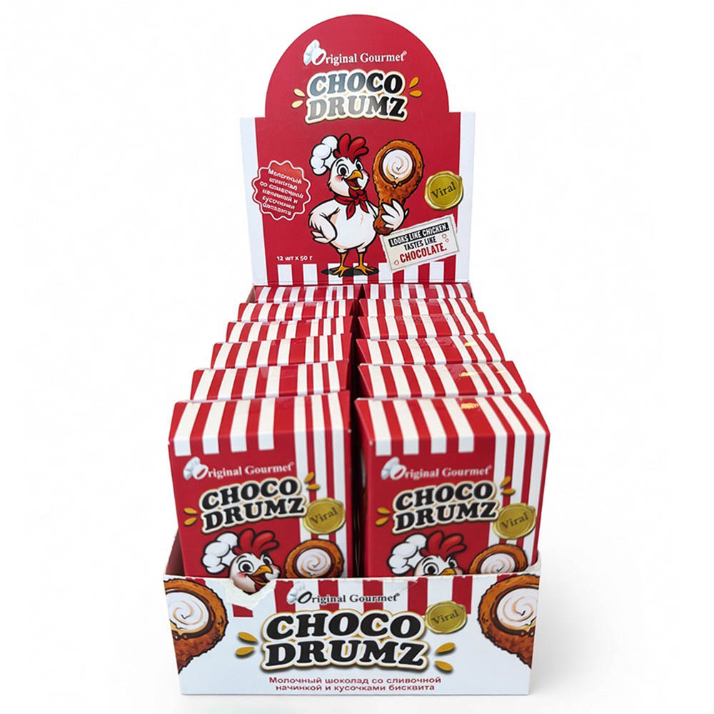 Молочный шоколад "Choko Drumz" со сливочной начинкой и кусочками бисквита 50гр, арт.№ 209-068