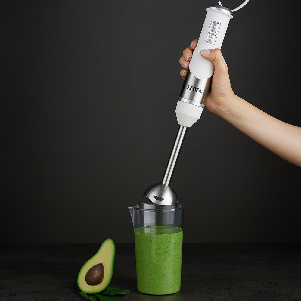 LEBEN Блендер электрический 500Вт, чоппер, венчик, мерный стакан, софт-тач, цвет белый, арт.№ 269-032