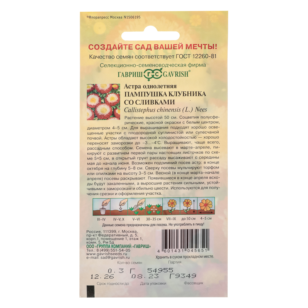 Семена Астра Пампушка клубника со сливками, однолетняя (помпонная) 0,3 г, арт.№ 179-482