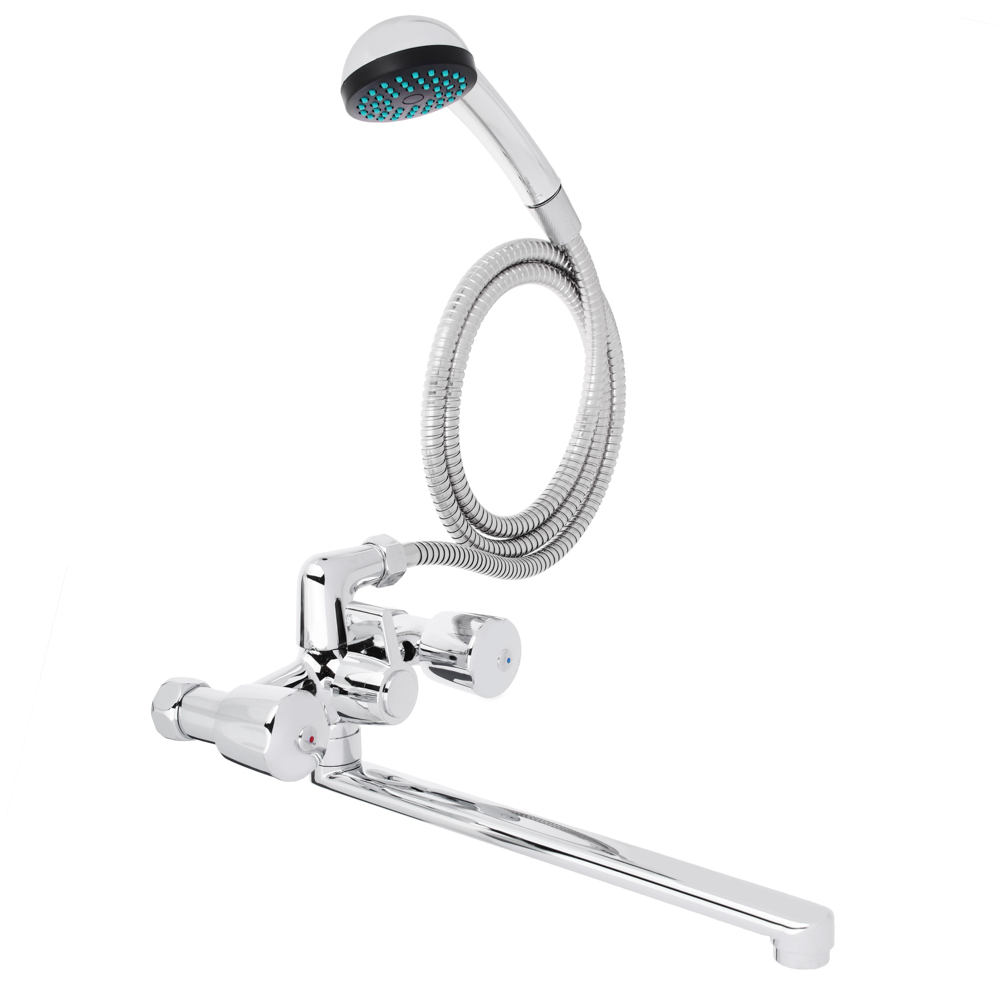 Смеситель для ванны с длинным изливом 30см, с душ набором, керам. кран-букса 1/2, цинк, арт.№ 566-382