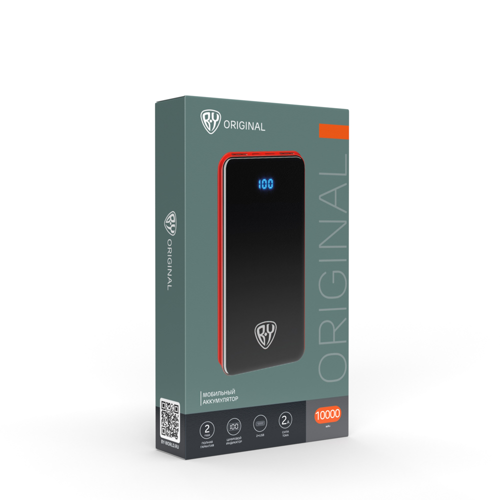 Аккумулятор мобильный BY 10000мАч, 2xUSB, 2А, дисплей, красный, арт.№ 916-213