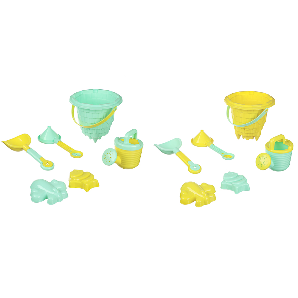 ИГРОЛЕНД Набор для игры в песке 6-8 предметов: ведро, лейка, грабли, формочки, пластик, 4 дизайна, для детей 3+, арт.№ 430-134