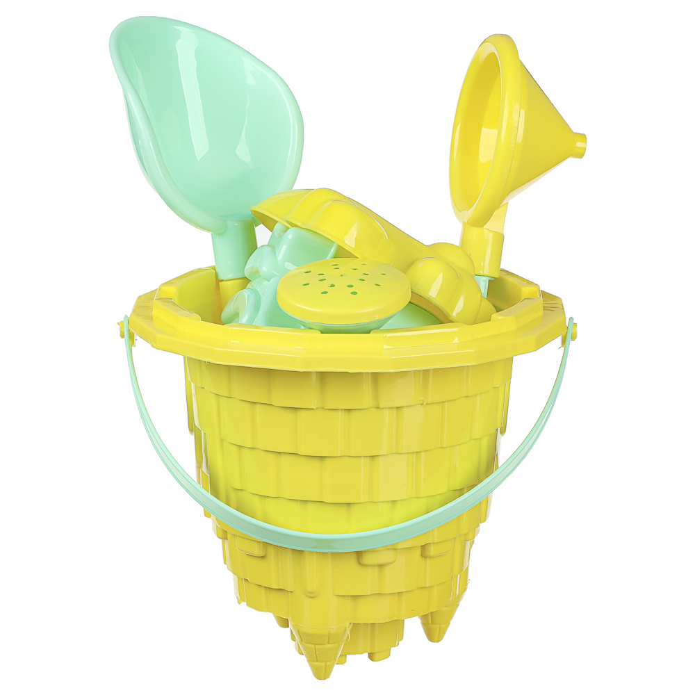 ИГРОЛЕНД Набор для игры в песке 6-8 предметов: ведро, лейка, грабли, формочки, пластик, 4 дизайна, для детей 3+, арт.№ 430-134