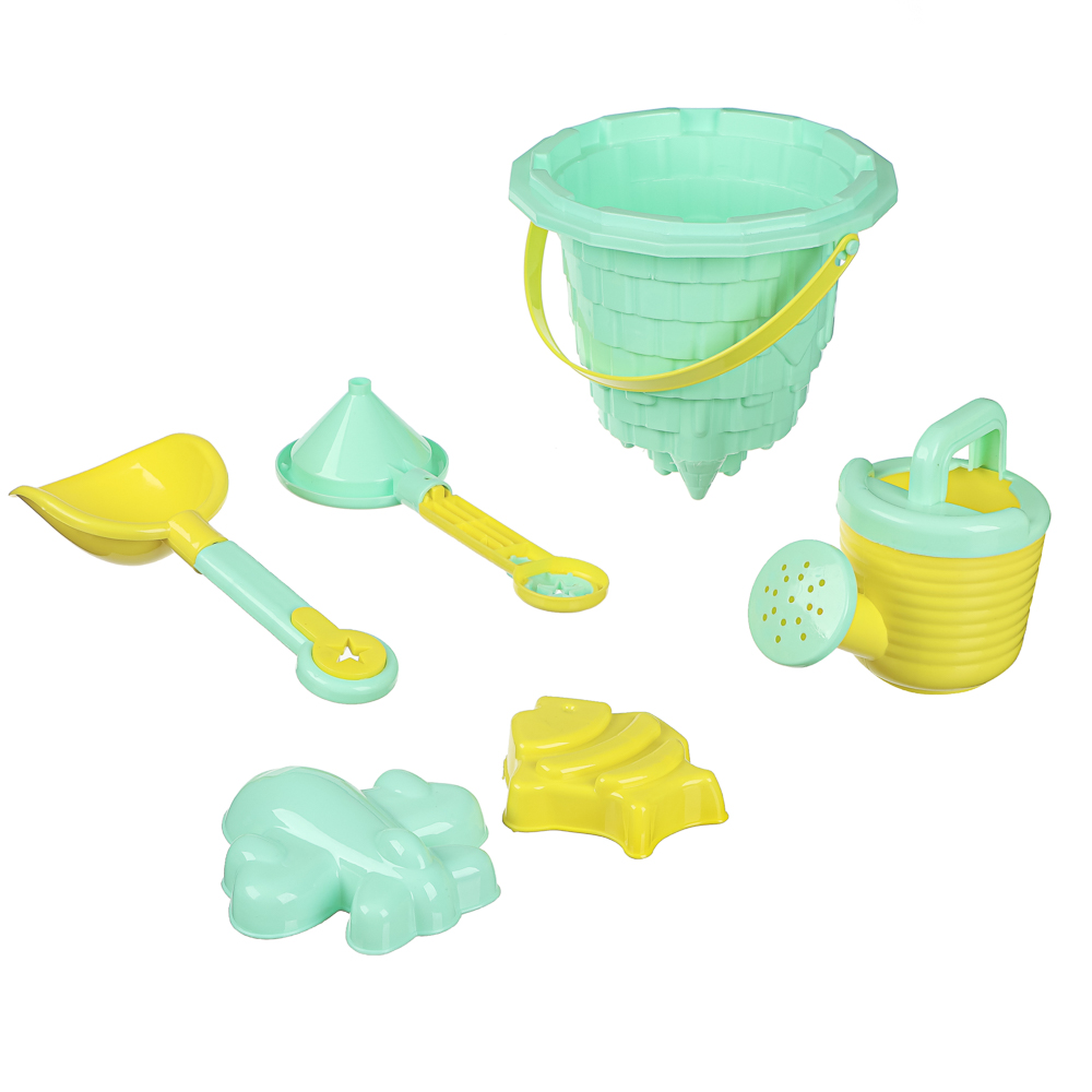 ИГРОЛЕНД Набор для игры в песке 6-8 предметов: ведро, лейка, грабли, формочки, пластик, 4 дизайна, для детей 3+, арт.№ 430-134