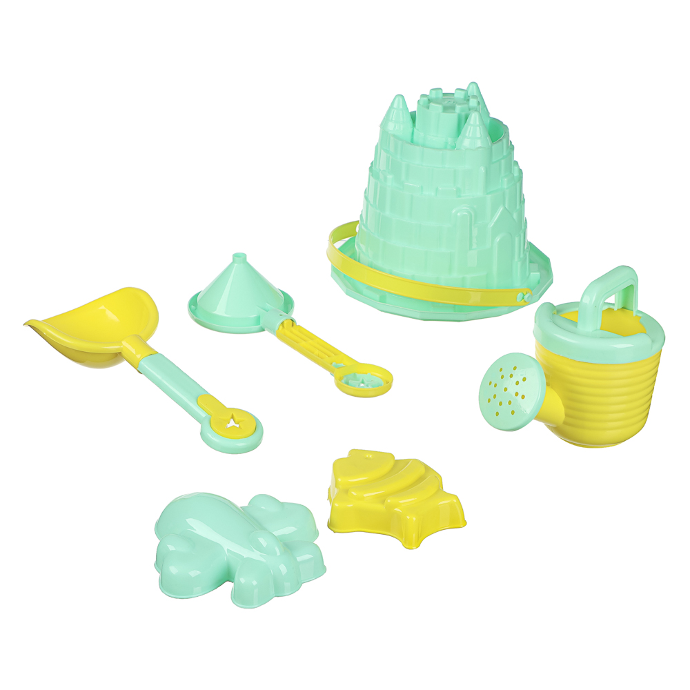ИГРОЛЕНД Набор для игры в песке 6-8 предметов: ведро, лейка, грабли, формочки, пластик, 4 дизайна, для детей 3+, арт.№ 430-134