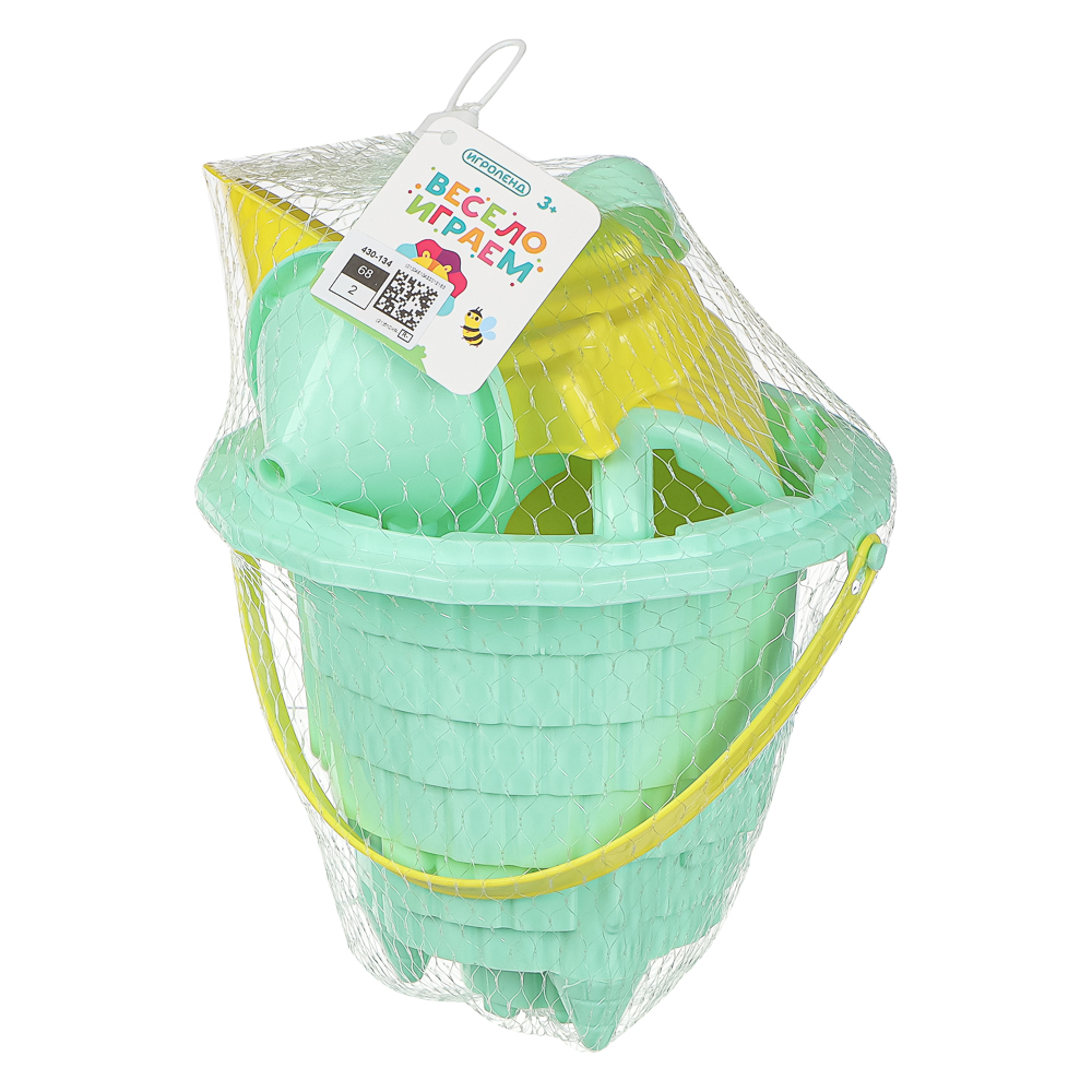 ИГРОЛЕНД Набор для игры в песке 6-8 предметов: ведро, лейка, грабли, формочки, пластик, 4 дизайна, для детей 3+, арт.№ 430-134