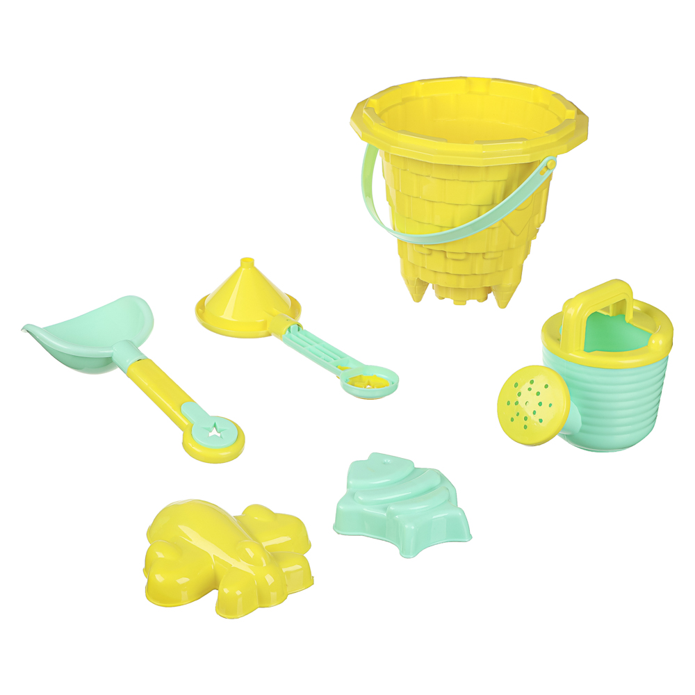 ИГРОЛЕНД Набор для игры в песке 6-8 предметов: ведро, лейка, грабли, формочки, пластик, 4 дизайна, для детей 3+, арт.№ 430-134