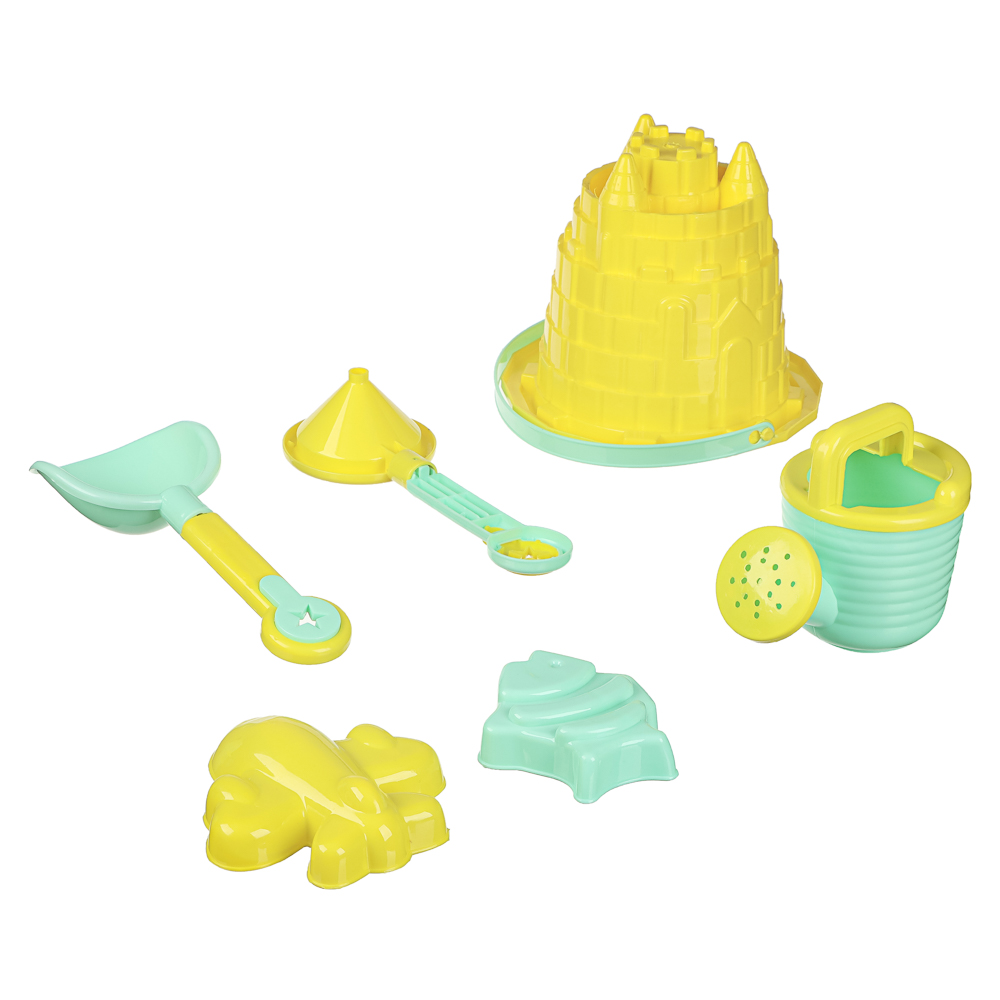 ИГРОЛЕНД Набор для игры в песке 6-8 предметов: ведро, лейка, грабли, формочки, пластик, 4 дизайна, для детей 3+, арт.№ 430-134