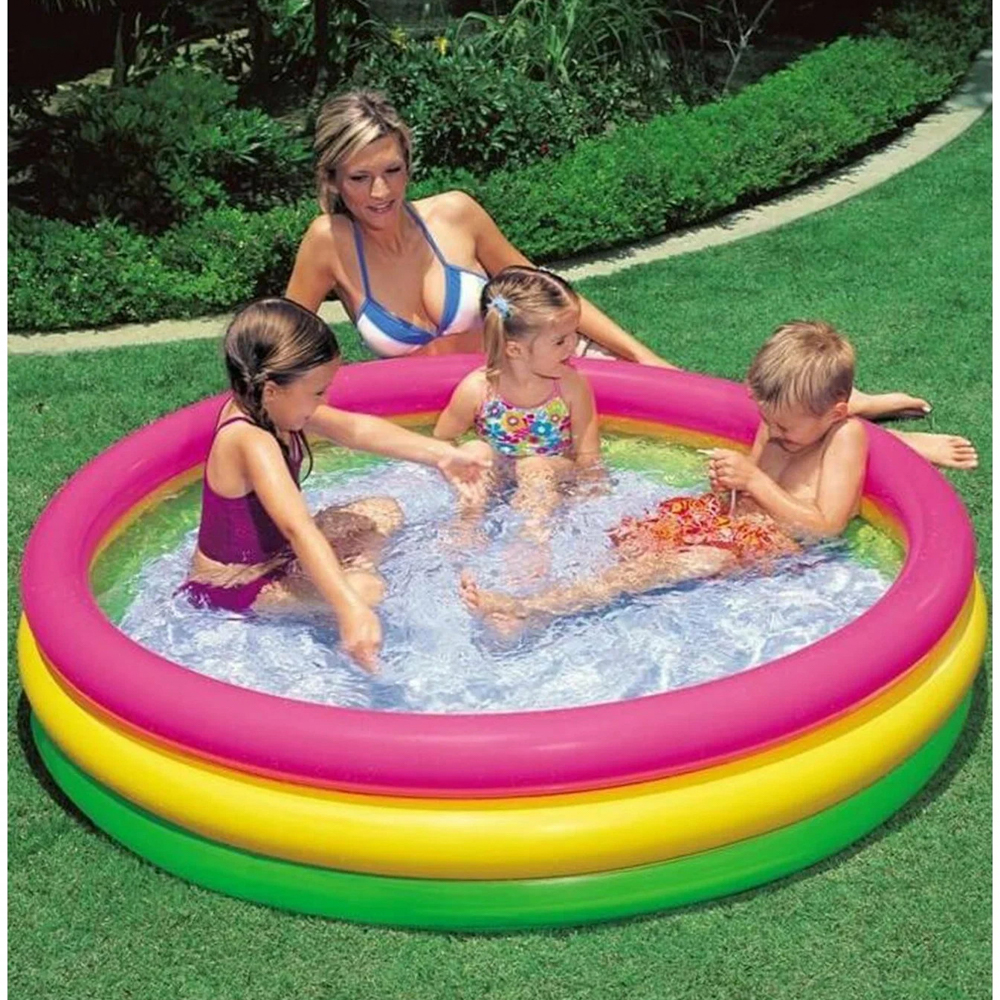 INTEX Бассейн детский "Цветные кольца", 147x33см, надувное дно, заплатка, от 2 лет, 57422NP, арт.№ 359-005