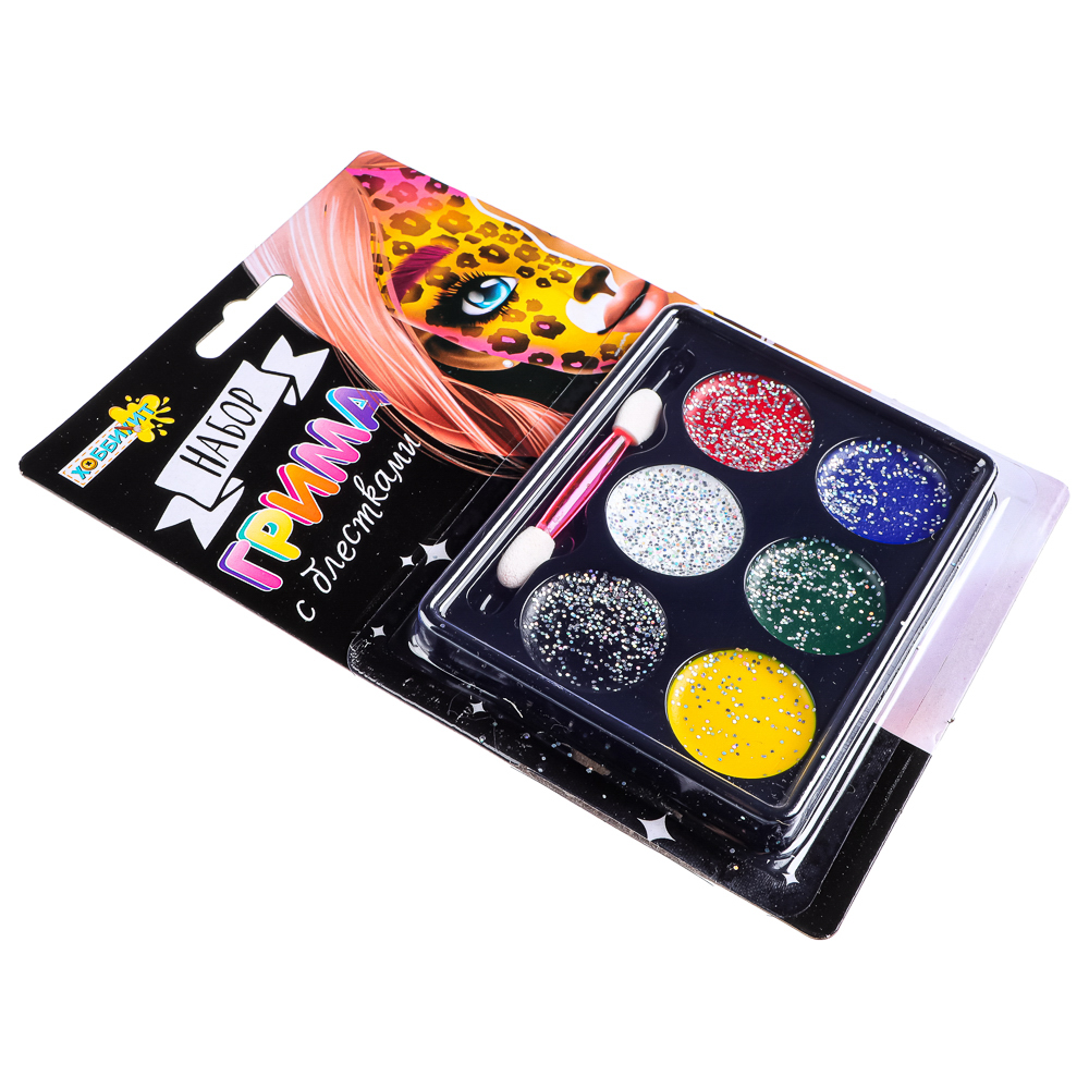 ХОББИХИТ Набор грима с блестками, 6 цветов, апплик. в комплекте, 12,7х18,8см, масляный грим, пластик, арт.№ 284-185