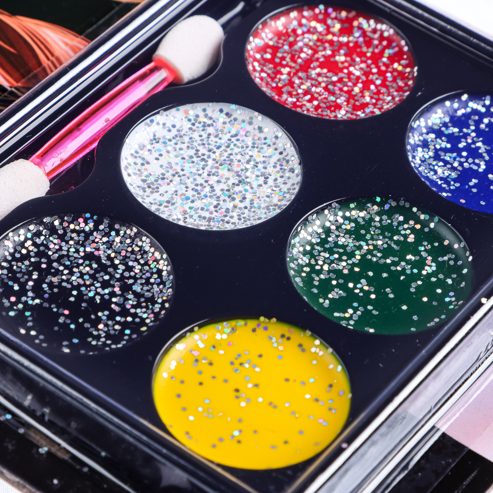 ХОББИХИТ Набор грима с блестками, 6 цветов, апплик. в комплекте, 12,7х18,8см, масляный грим, пластик, арт.№ 284-185