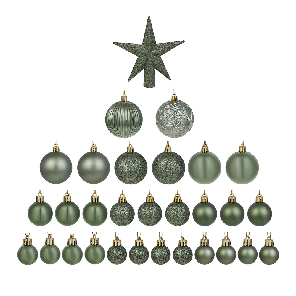 СНОУ БУМ Набор шаров и украшений 30 шт, 3см, 4см, 6см, 8см, зеленый, арт.№ 309-087