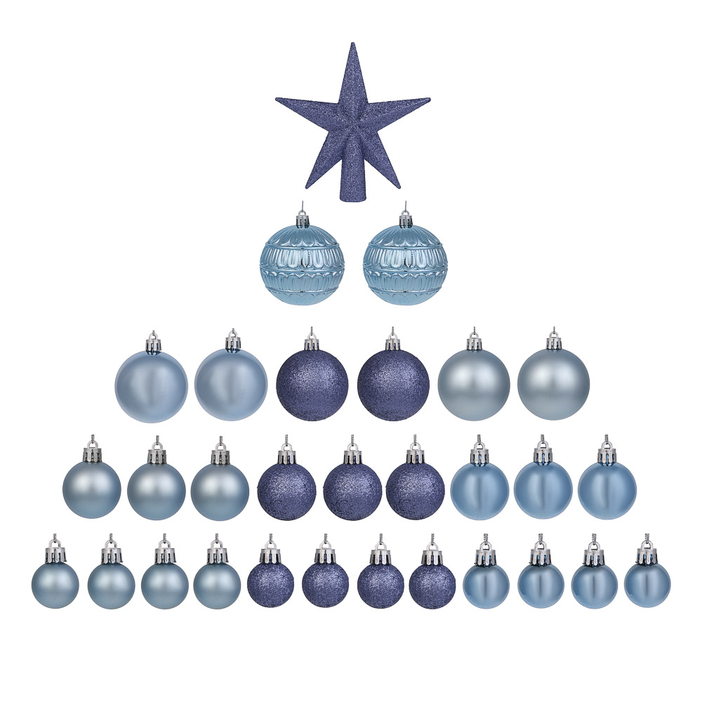 СНОУ БУМ Набор шаров и украшений 30 шт, 3см, 4см, 6см, 8см, синий, арт.№ 309-088