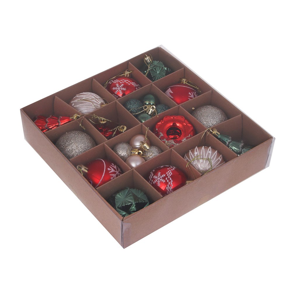 СНОУ БУМ Набор шаров и украшений, 32 шт, 3см, 6см, 7см, 8см, красный , зеленый, шампань, арт.№ 309-092