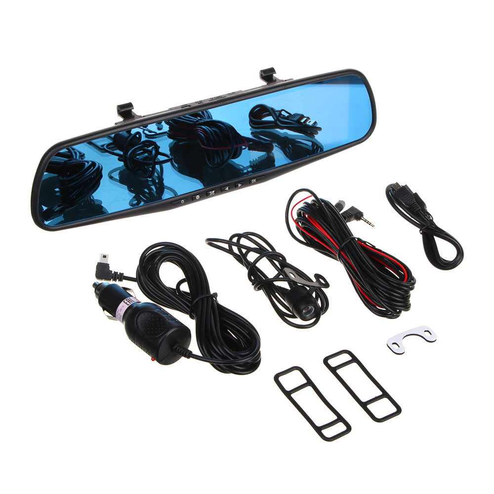 NG Видеорегистратор-зеркало с камерой заднего вида, 1080P/720P/VGA, дисплей 4.3", 180 мАч, Micro SD, арт.№ 717-010