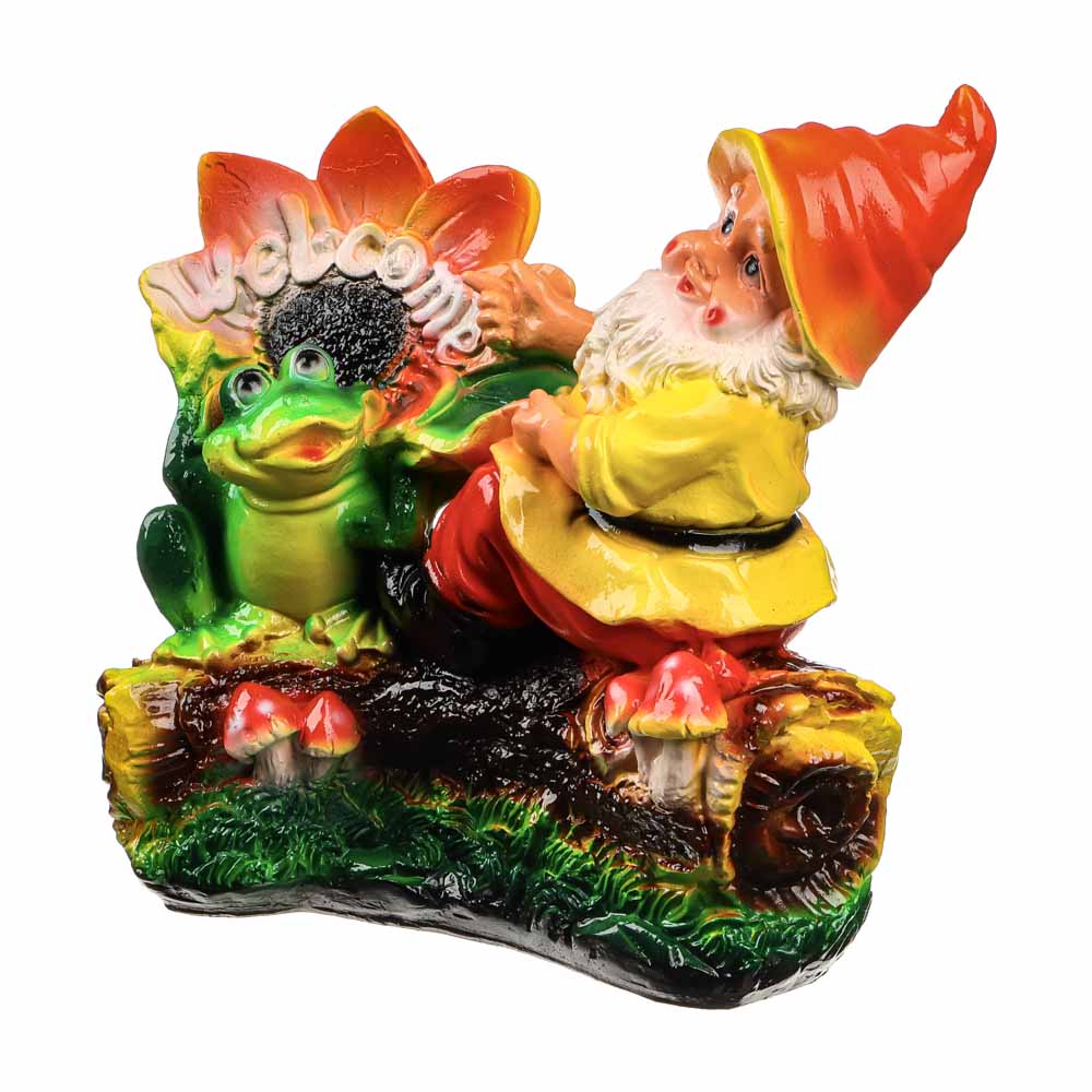 Фигура садовая Гном с лягушкой на бревне 25x26см, гипс, арт.№ 162-241