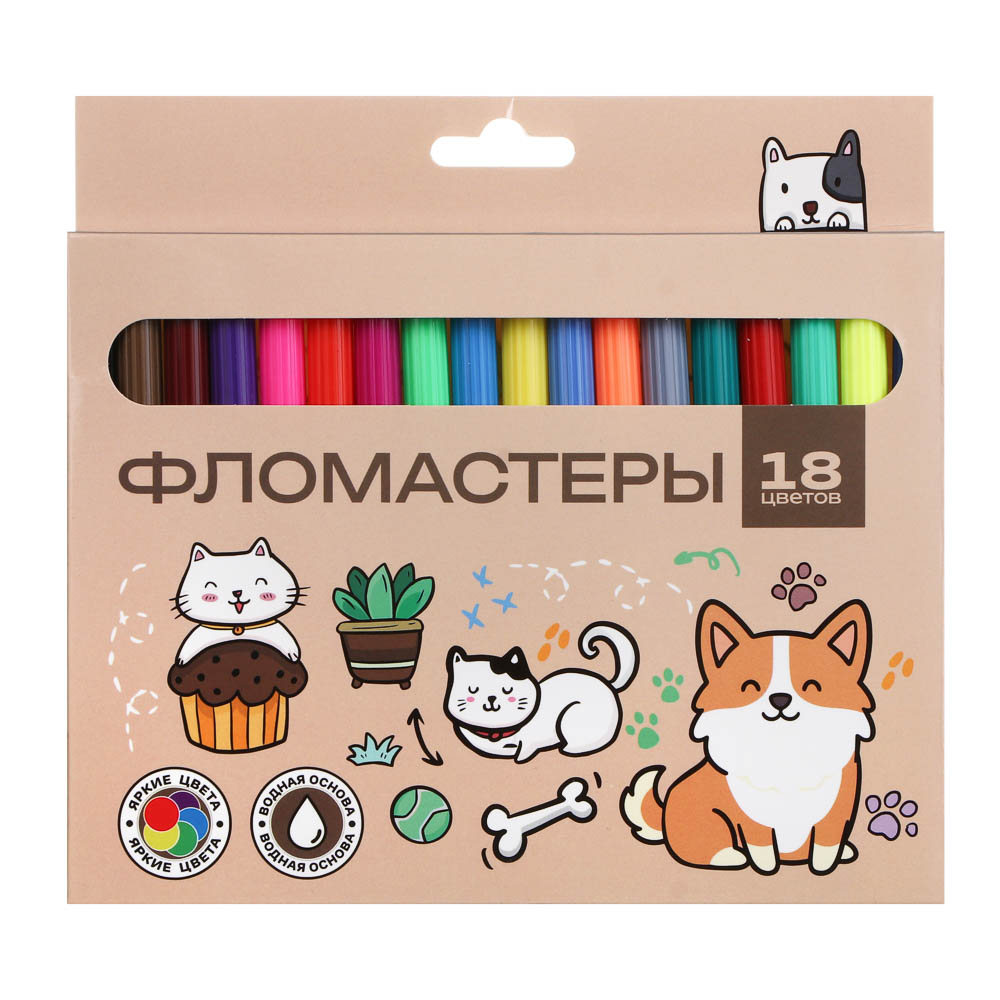 Фломастеры 18 цветов, "Ми Стайл", смываемые, цветной вентил. колпачок, цветная коробка, арт.№ 524-329