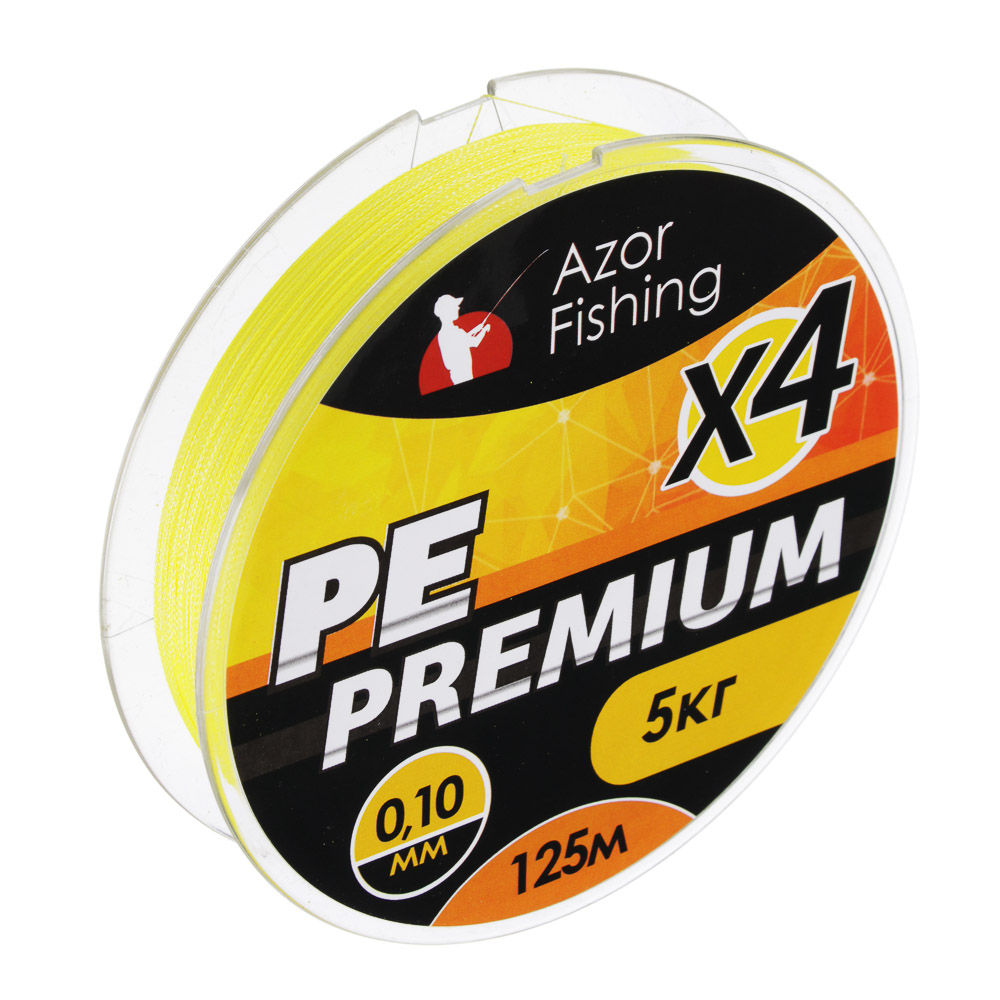 AZOR FISHING Леска плетеная, PE Премиум 4 нити, 125м, 0,10мм, 5,0кг, желтая, арт.№ 144-077