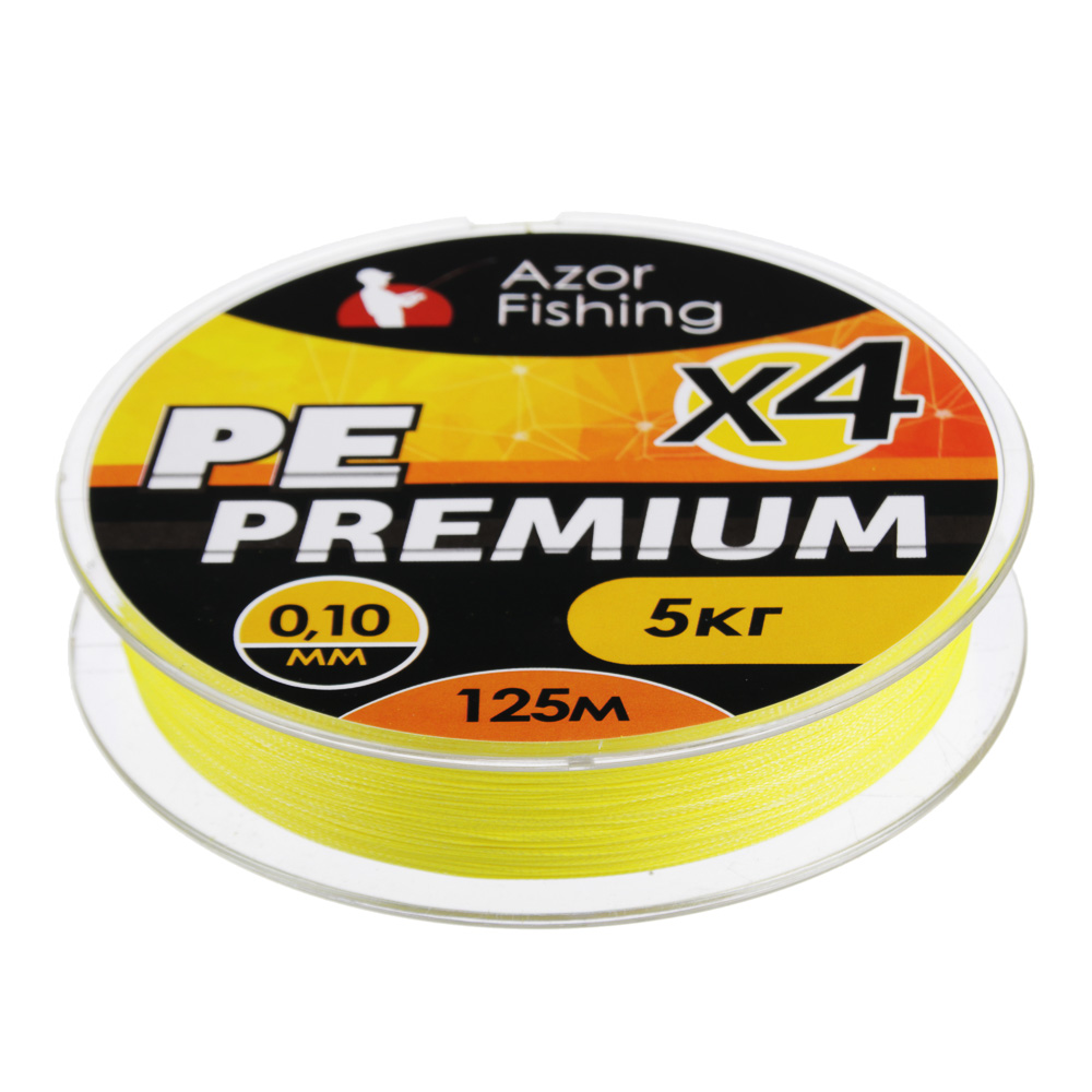 AZOR FISHING Леска плетеная, PE Премиум 4 нити, 125м, 0,10мм, 5,0кг, желтая, арт.№ 144-077