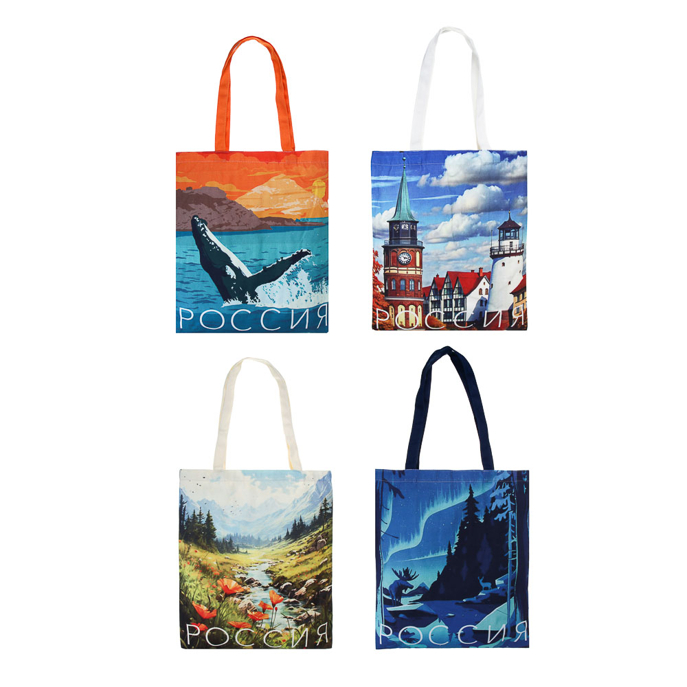 Сумка-шоппер, "Россия", 38x42см, длина ручек 58 см, внутр. карман, полиэстер, 4 дизайна, арт.№ 524-288