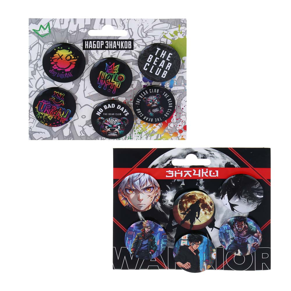 Набор значков, 6 штук, "Самурай/Смайл", D=3,5 см, металл, арт.№ 524-291