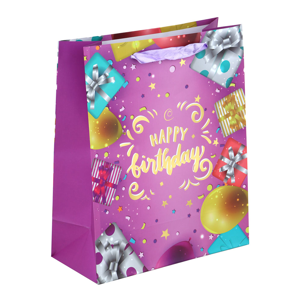 Пакет подарочный тм LADECOR, вскч бум., с фольг.слоем, L 26x32x12см, 4 дизайна, С Днем Рождения, арт.№ 507-221