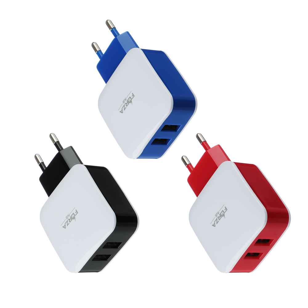 Сетевое зарядное устройство FORZA Акварель, 2xUSB, 2А, 5В, 3 цвета, арт.№ 916-066