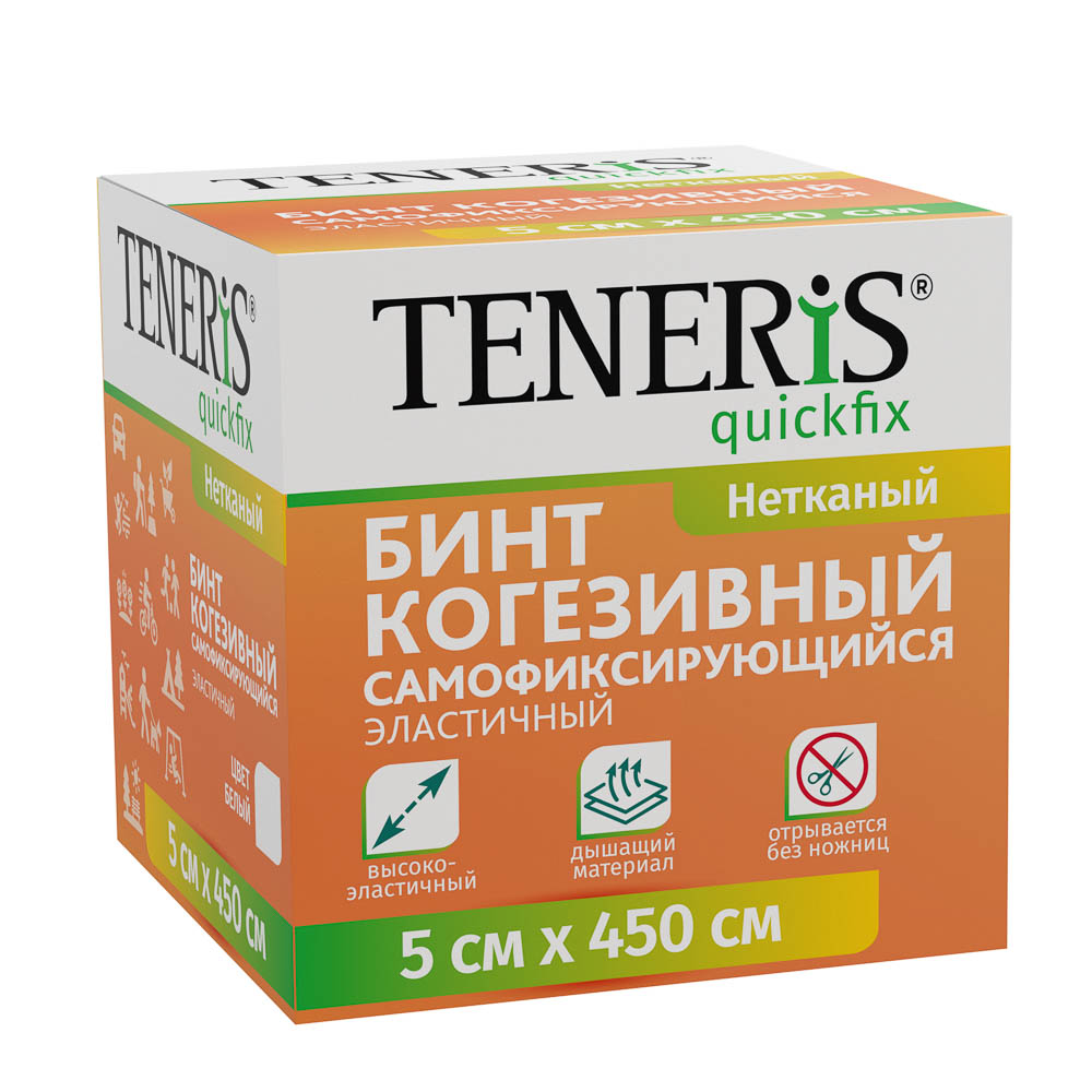 Бинт когезивный самофиксирующийся TENERIS QUICKFIX, 5см х 4,5м, на нетканой основе, белый, 1 шт., арт.№ 360-195