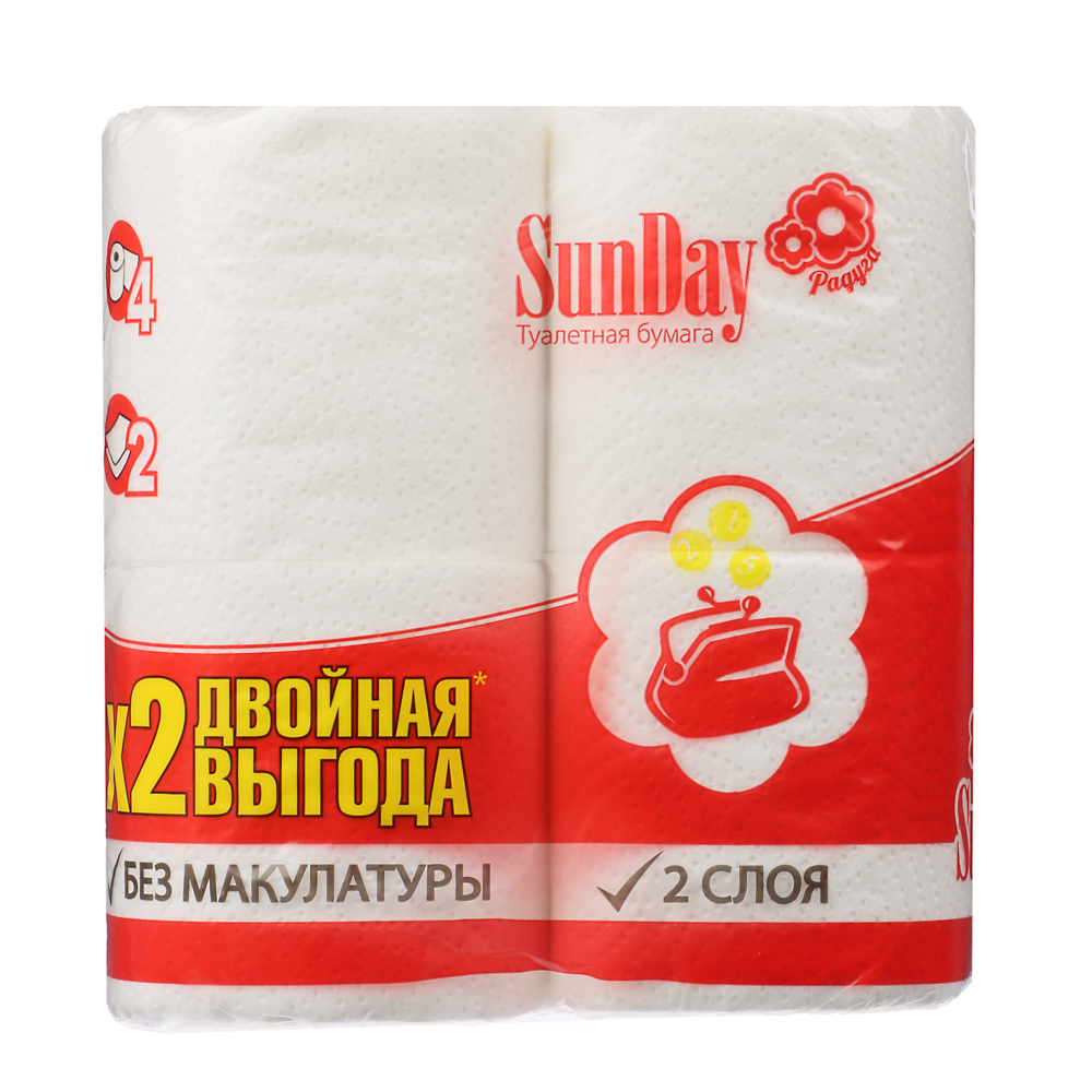 Туалетная бумага SunDay 2-х слойная белая, 4шт, арт.№ 918-002
