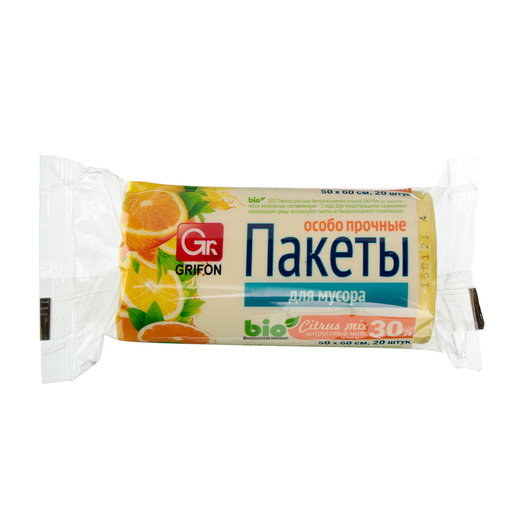 GRIFON Мешки для мусора БИО 20шт, 30л, 50х60см, особо прочные, 12 микрон, "Цитрусовый микс", 100-033, арт.№ 449-002