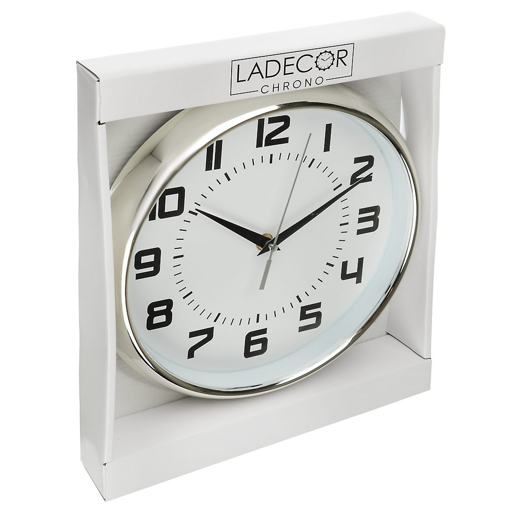 LADECOR CHRONO Часы настенные, 25 см, в хромированном канте, белые, пластик, 1хАА, арт.№ 581-940