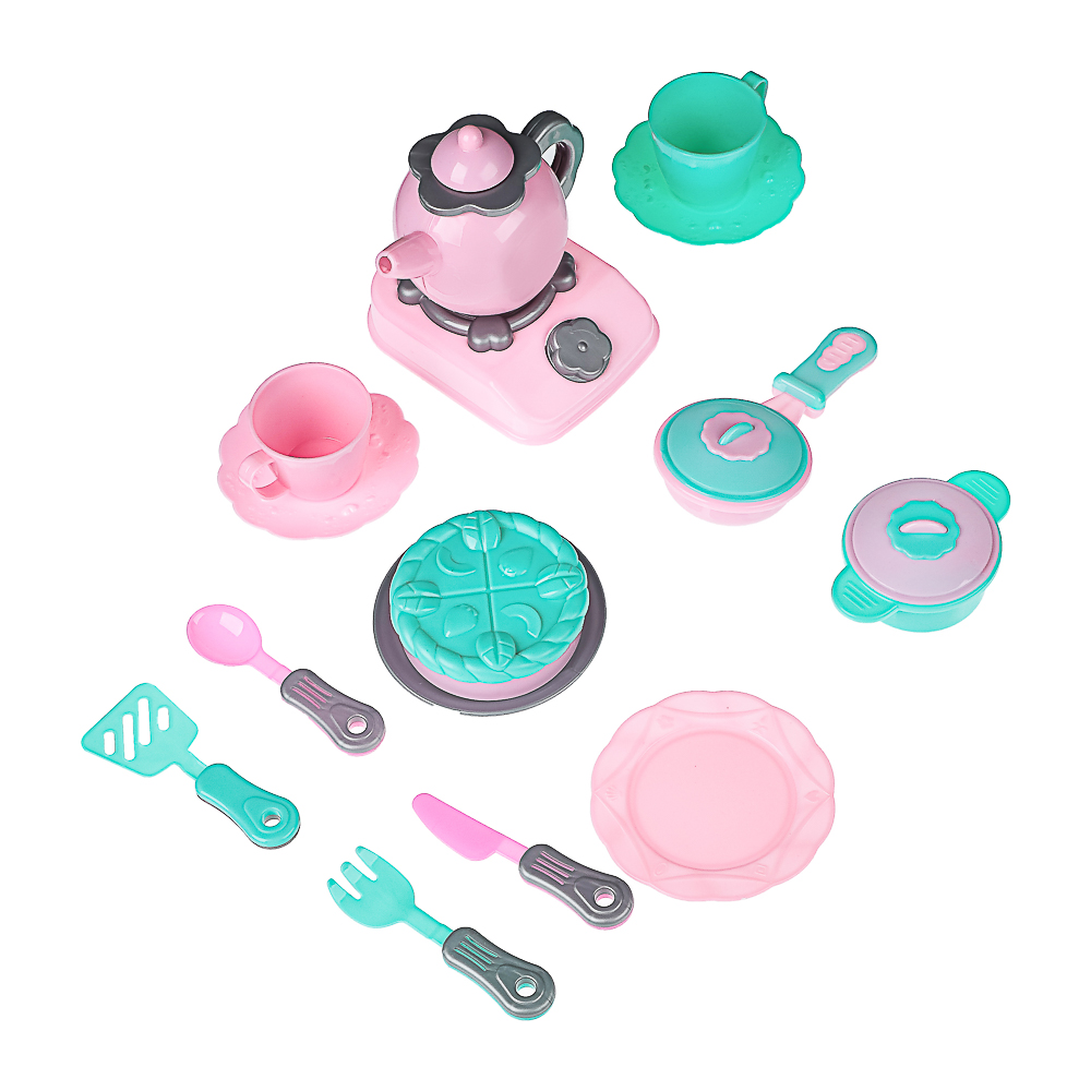 ИГРОЛЕНД Игровой набор посудки "Нежный" с плитой, 17 пред., пластик, 18x13x11 см, для детей 3+, арт.№ 294-190