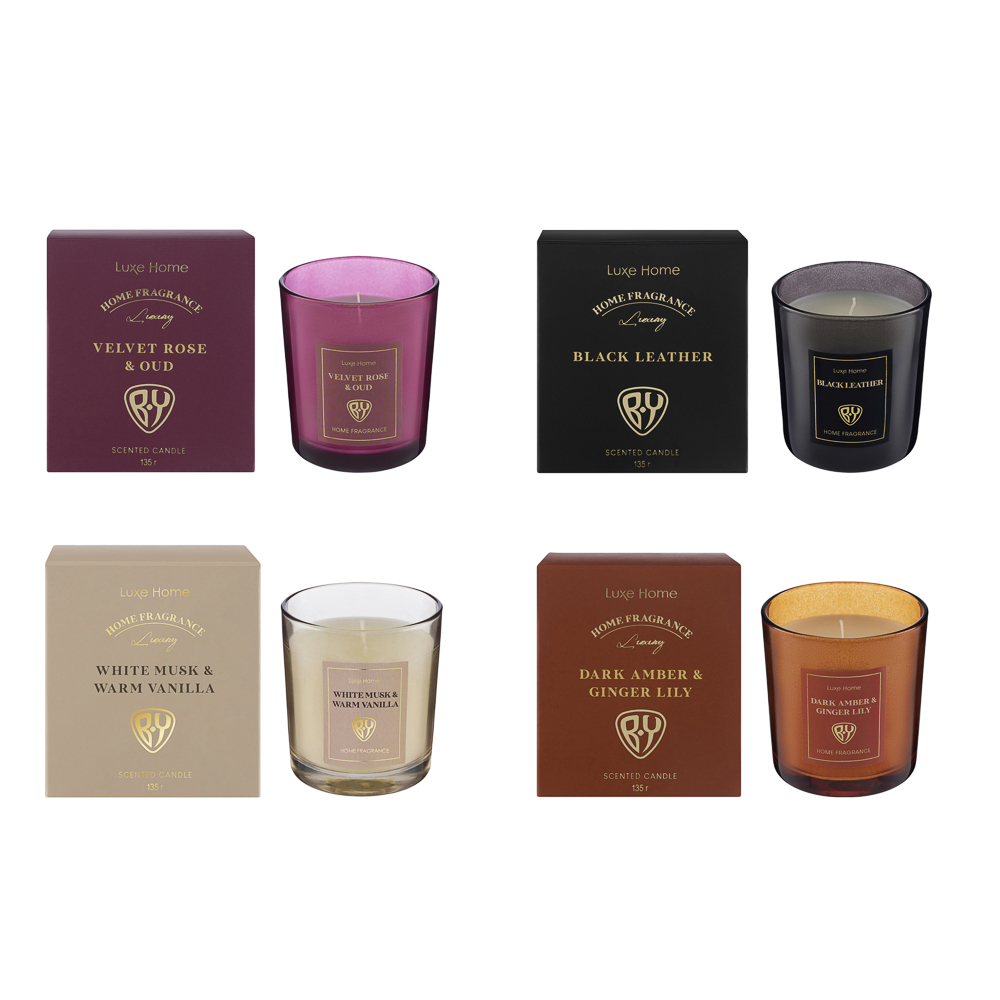 BY Свеча ароматизированная Luxe Home, 135гр., White Musk&Warm Vanilla,Black leather,Velvet Rose,Dark, арт.№ 412-222