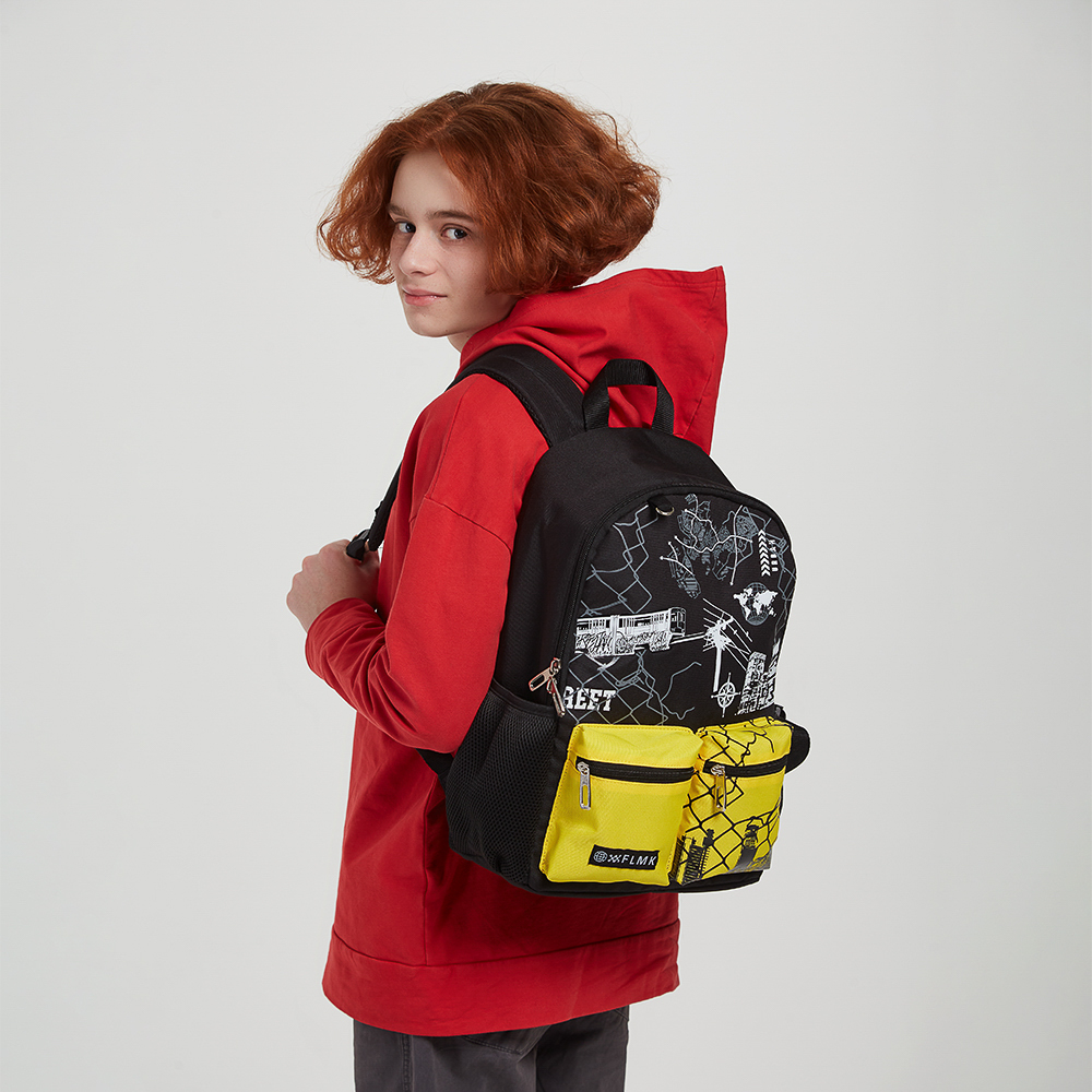 Рюкзак подростковый 40х30х15см, 1 отд., 5 карманов (1 на спинке), нашивка, ПЭ, "Город", арт.№ 555-024