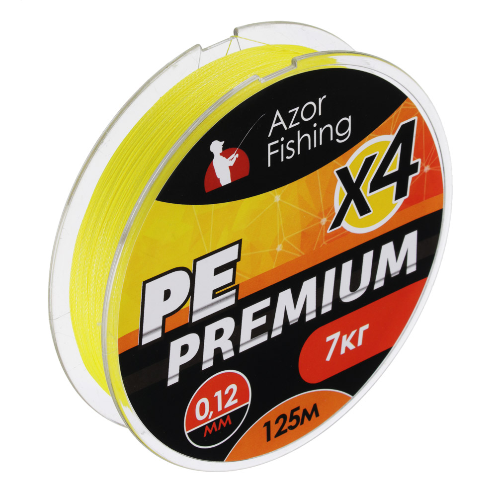 AZOR FISHING Леска плетеная, PE Премиум 4 нити, 125м, 0,12мм, 7,0кг, желтая, арт.№ 144-078